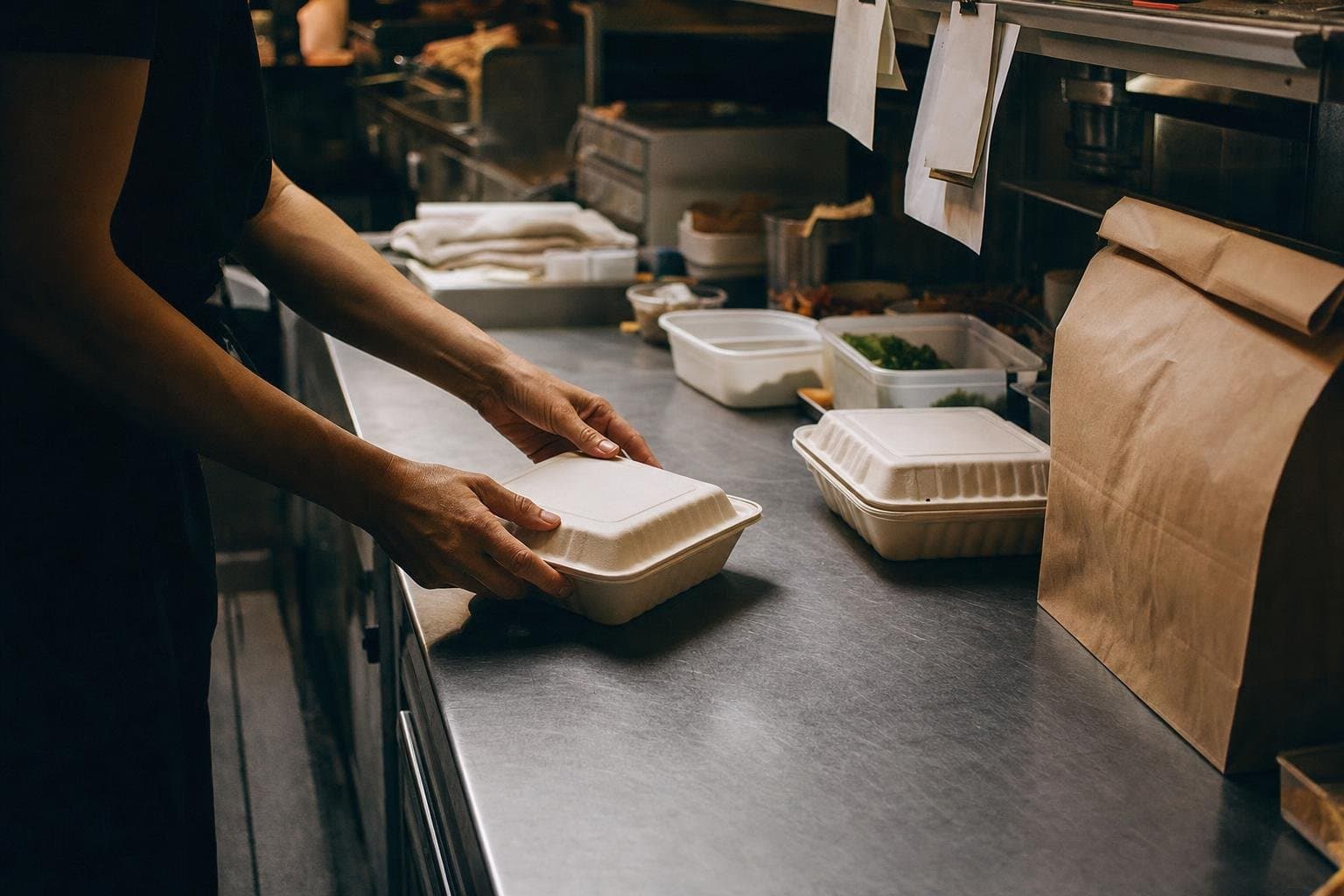 Takeout containers being packed and labeled on a stainless kitchen counter