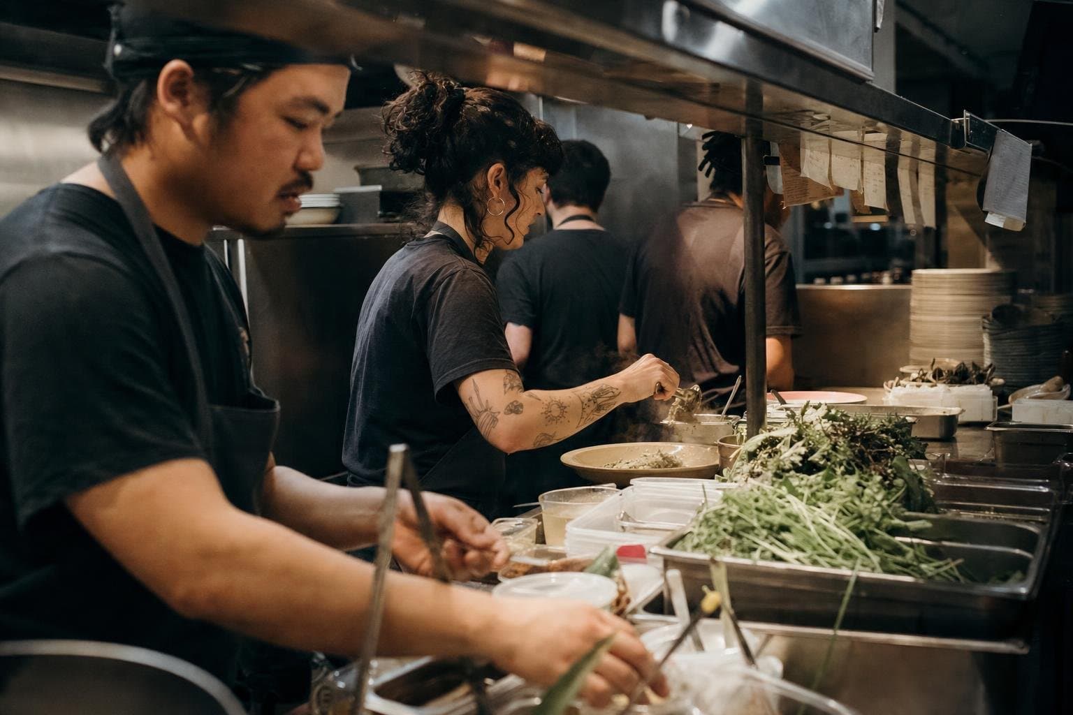 A line of cooks working together on a restaurant kitchen line during service