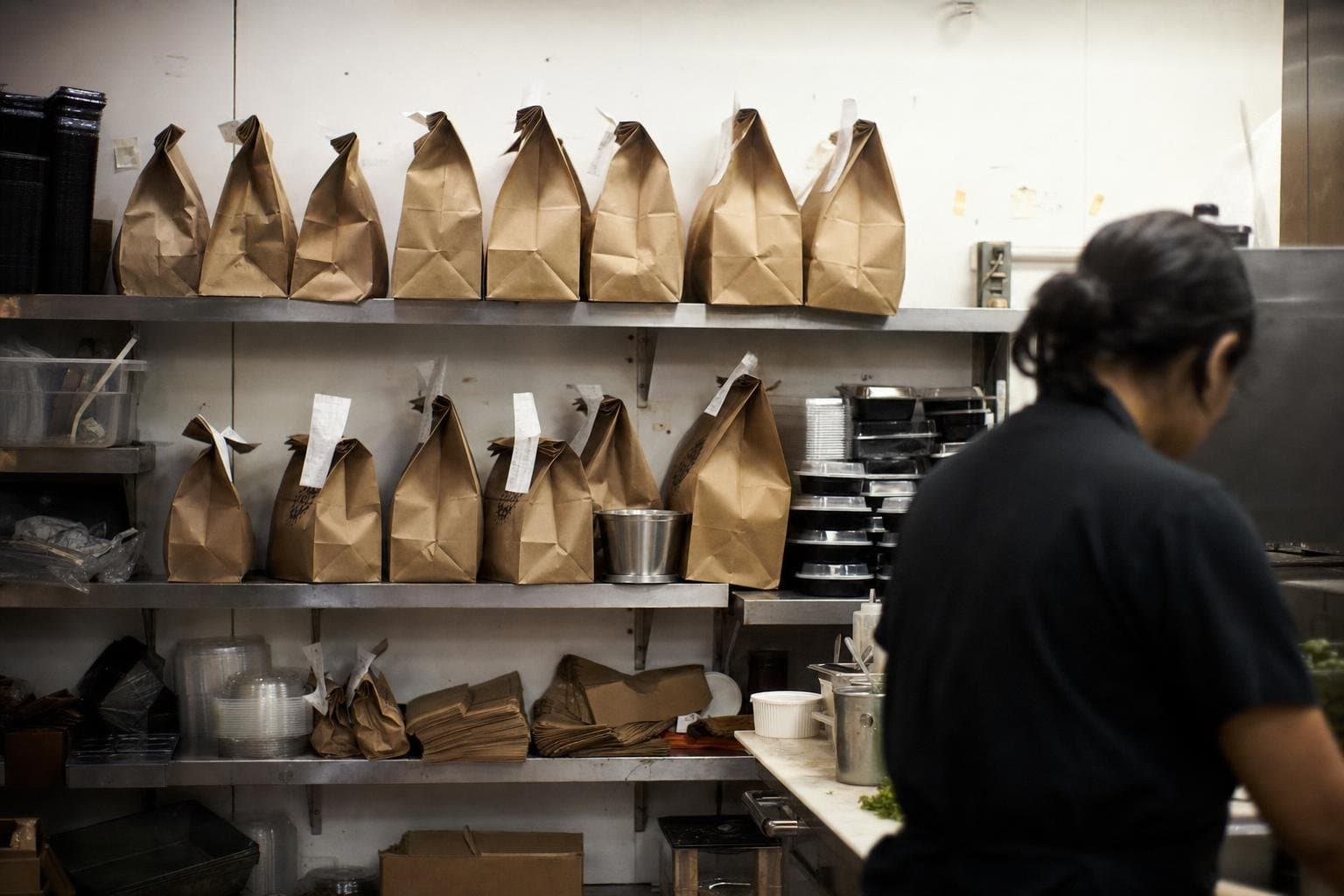 Labeled takeout bags lined up on a stainless shelf in a delivery-only kitchen