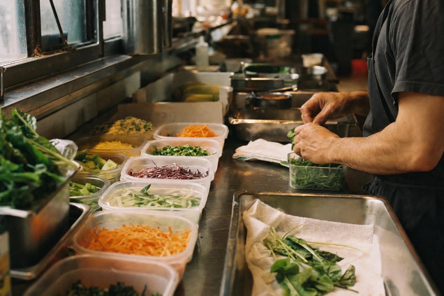 Early-morning mise en place in labeled containers on a prep kitchen counter