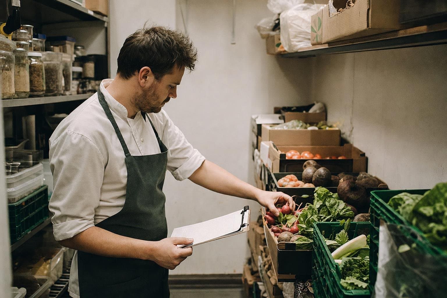 A cook checking crates of fresh produce in a restaurant storeroom