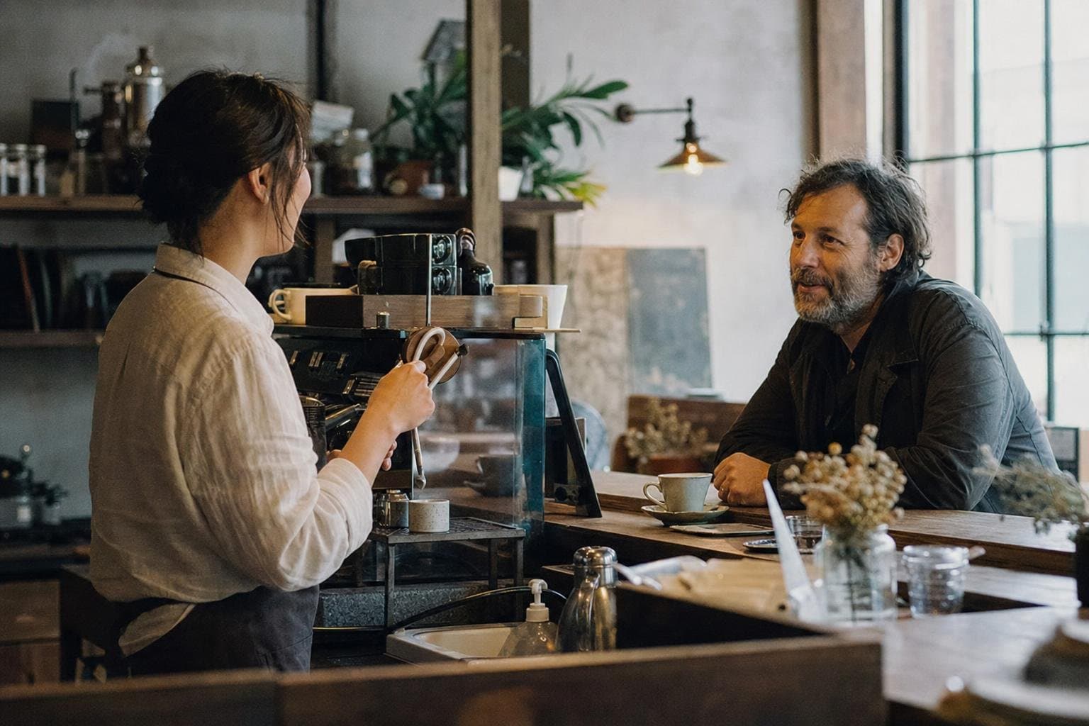 A regular guest greeted warmly at a cafe counter