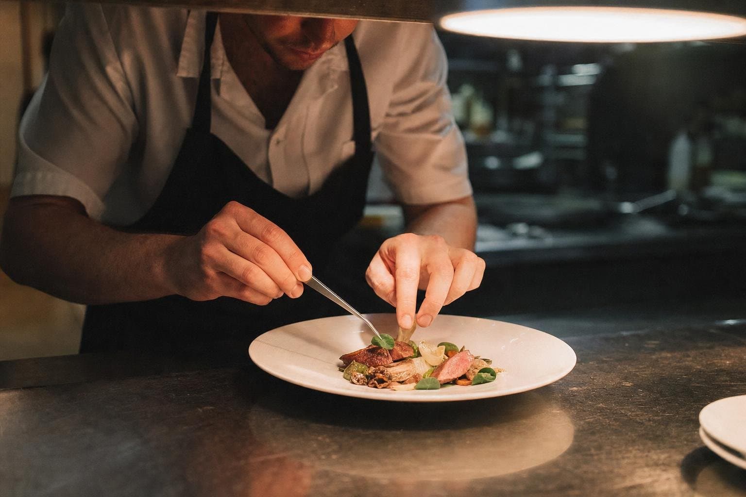 A chef plating a refined dish with tweezers at a fine dining kitchen pass