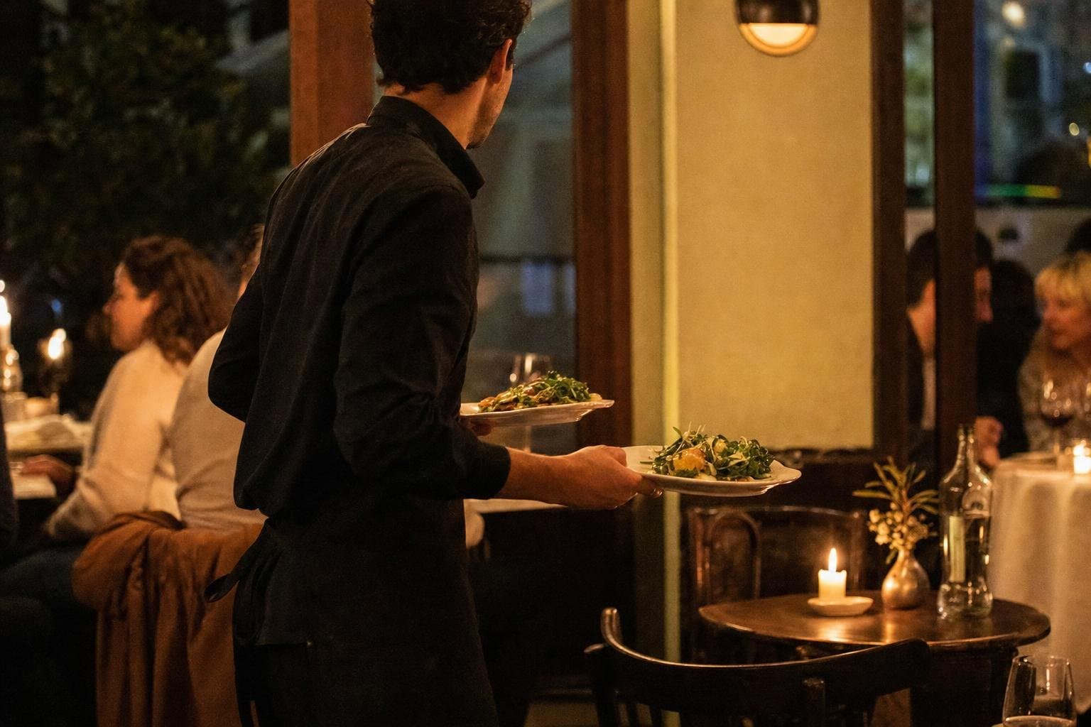 A warm full-service restaurant dining room in evening light with a server carrying plates